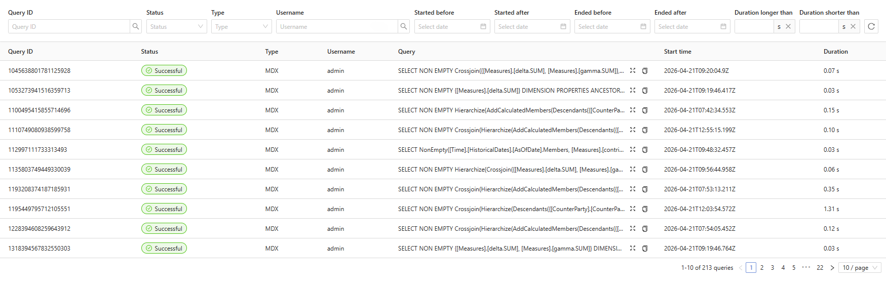The Query history tab showing a paginated list of queries with their status, type, and duration