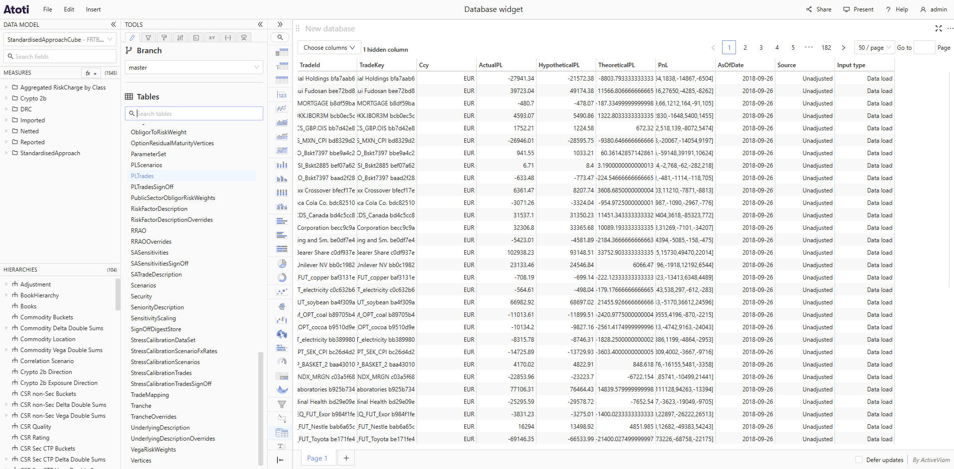 The Database widget displaying rows from a selected database table. The Fields panel on the left shows the available branches and tables, and the grid shows the table data with multiple columns.